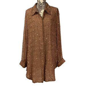 Hand Beaded + Sequins Silk Chiffon Long Sleeve Cocktail Shirt Womens SZ 16/18